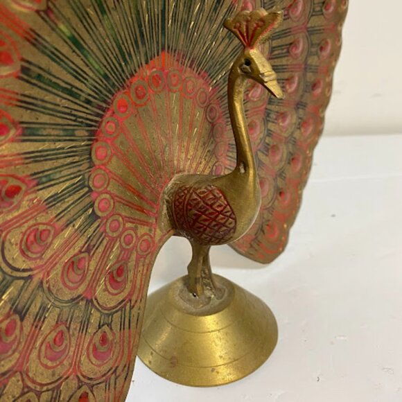 Vintage Indian Hand-Etched Red Green Enamel Brass Peacock Figurine 8" - Picture 5 of 12